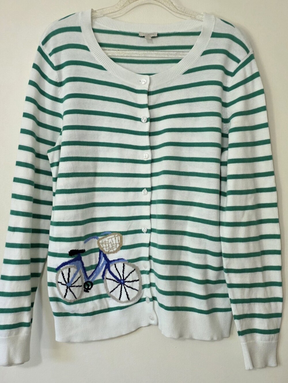 Talbots White Green Striped Sweater With Whimsical Bicycle Preppy Coastal Medium